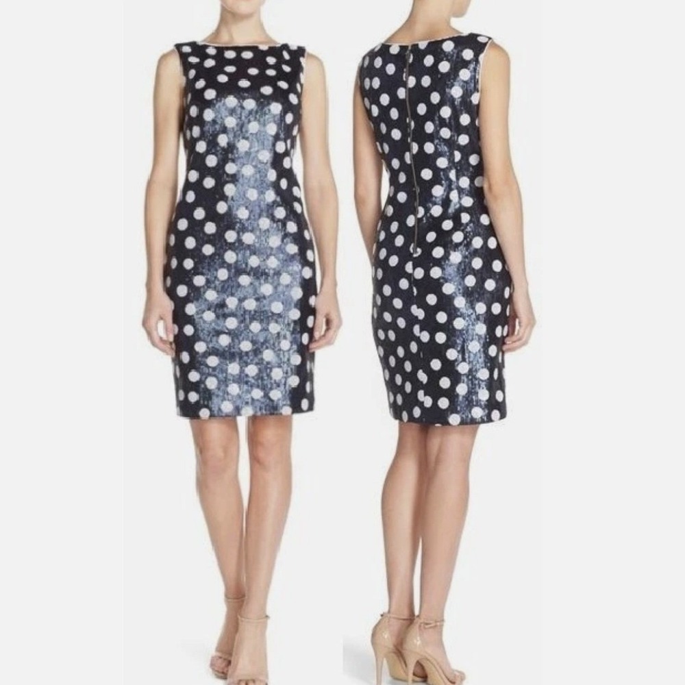 Maia Sequin Shift Dress Navy Blue White Polka Dot Sleeveless Size 10